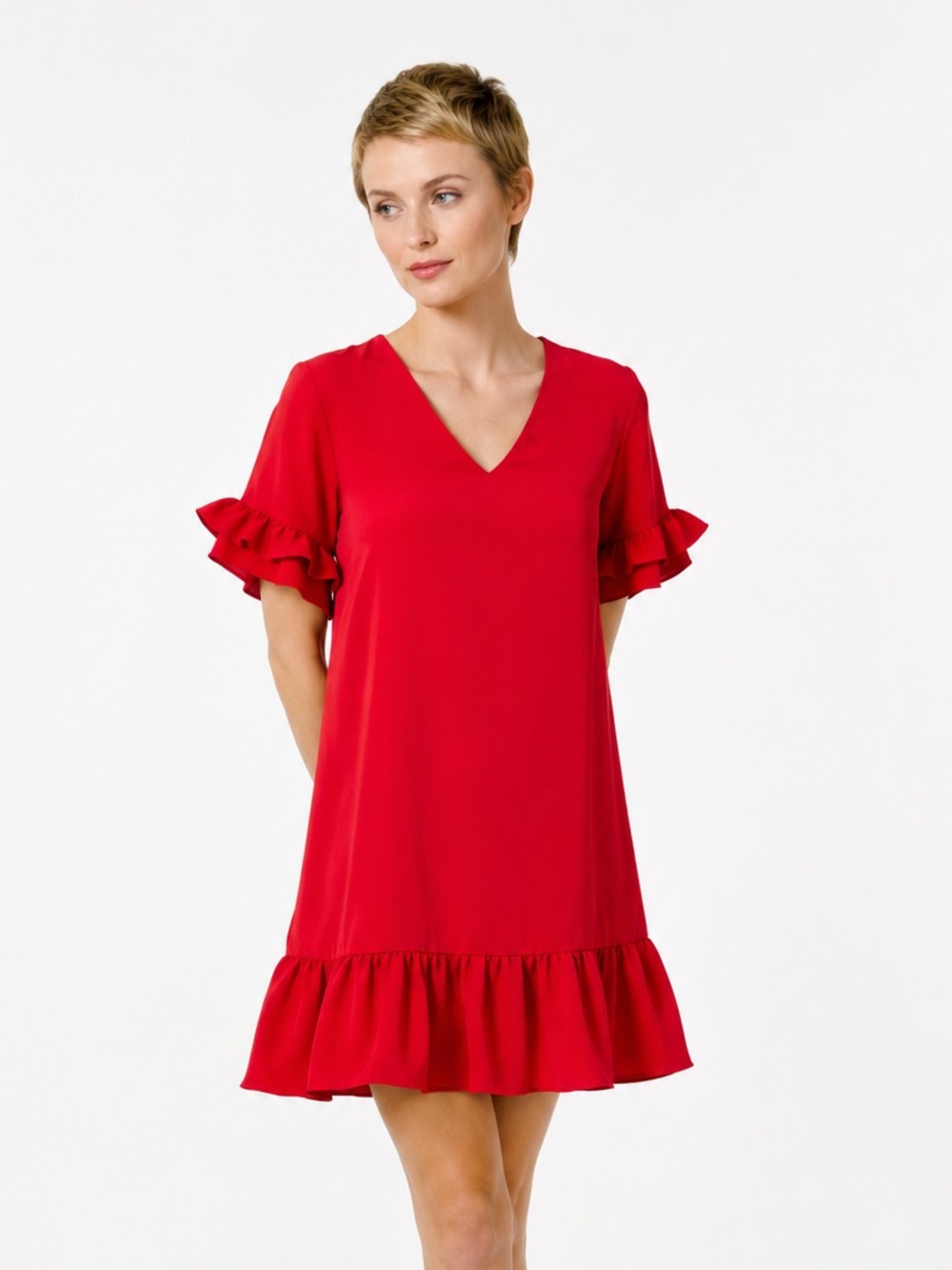 Zara bright Red Ruffle Mini Shift Dress V-Neck XL